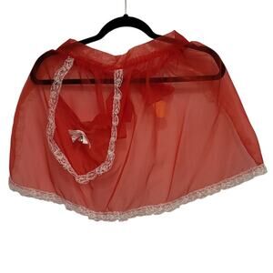 Vintage Sheer Red Apron Lace Waist Tie Bell Pocket Holiday Pin Up Festive USA